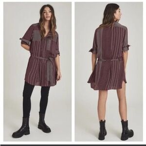 REISS ALBI STRIPED SHIRT DRESS size 6 in berry burgundy tie waist drop waist NWT